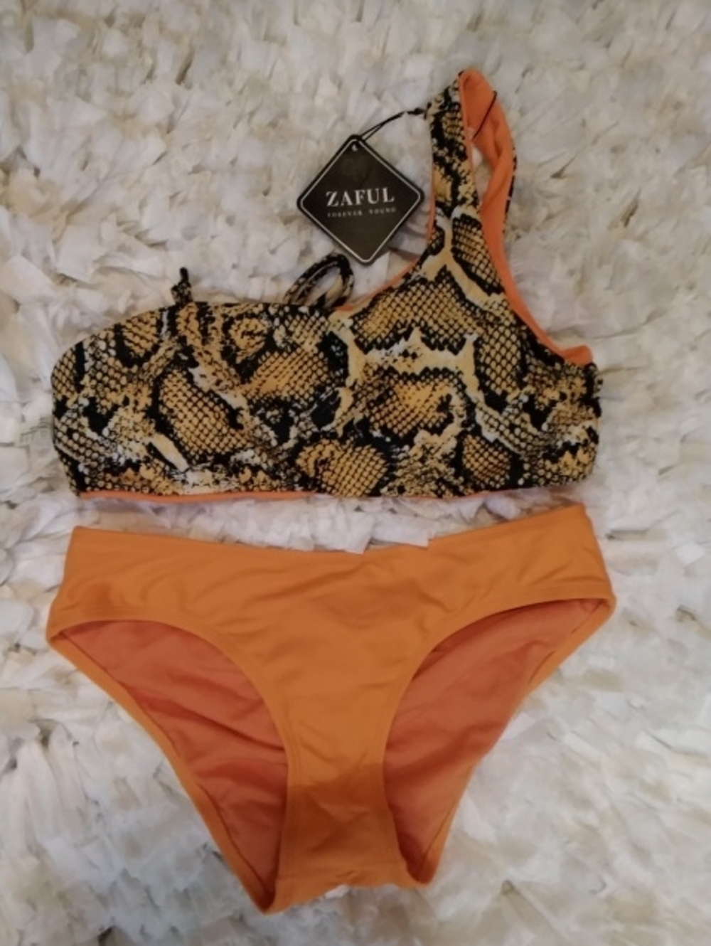 Zaful One-Shoulder Snake Print Bikini with Orange Bottoms